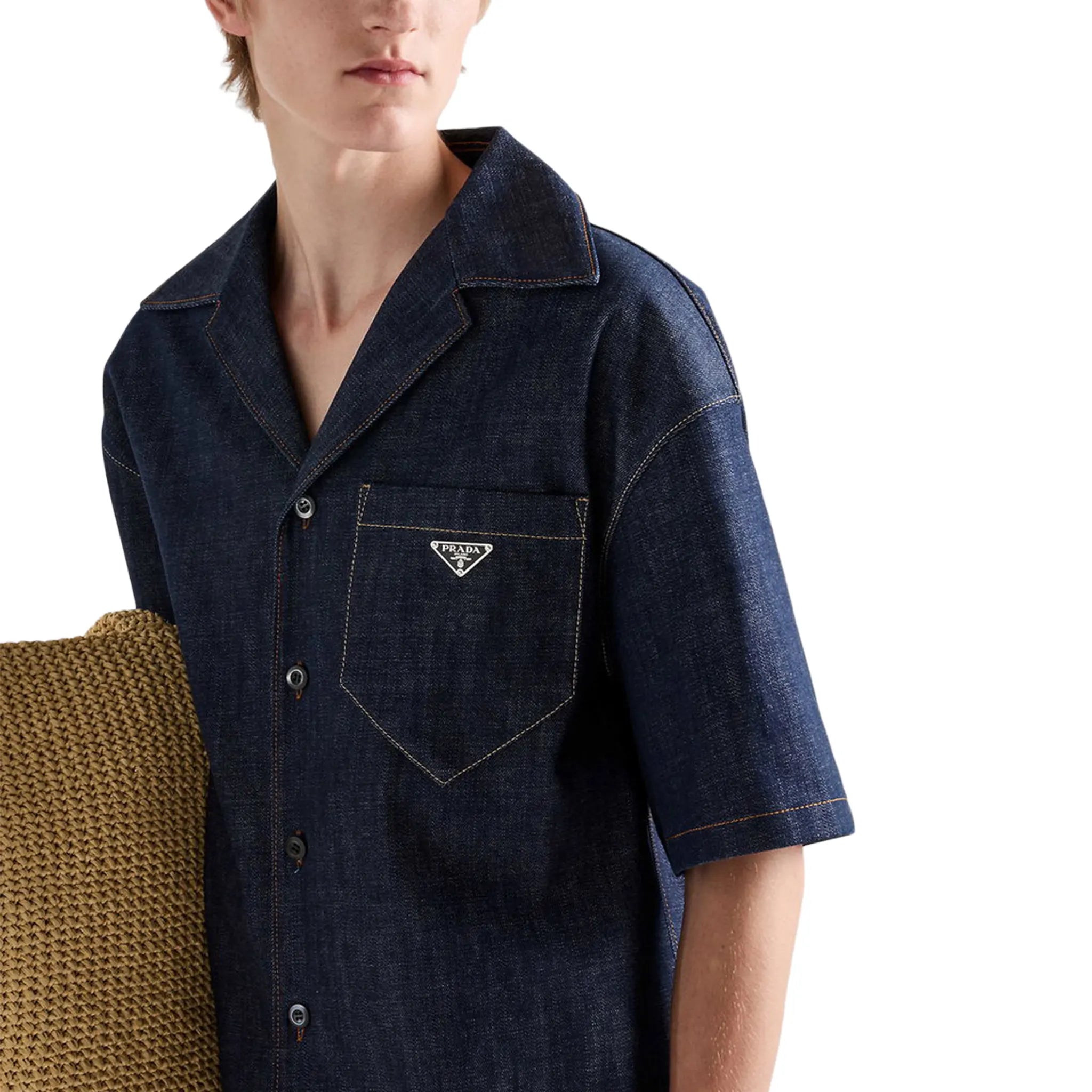 Front Side Detailed View of Prada Bowling Denim S/S Navy Shirt GEC116_18ME_F0008_S_OOO